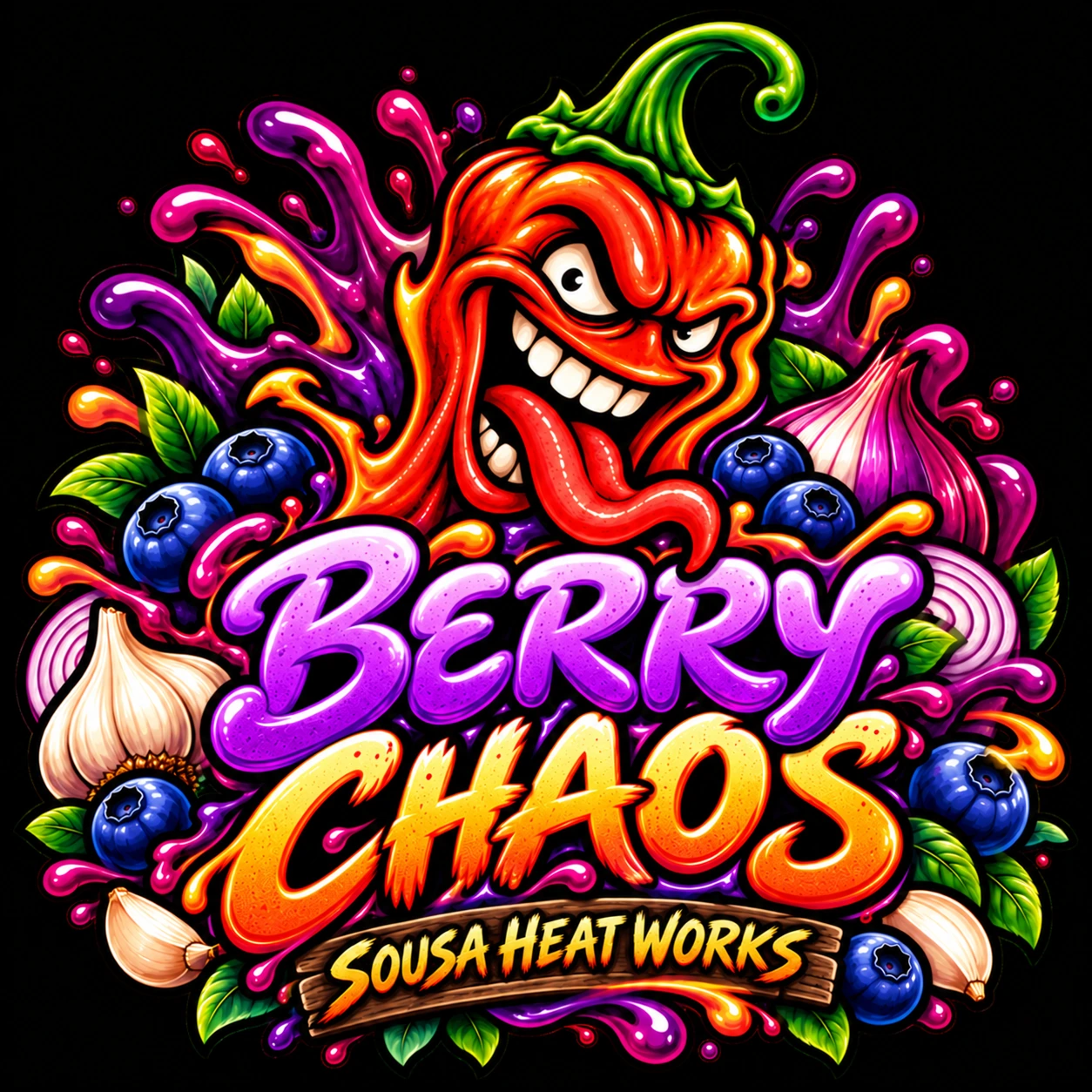 Berry Chaos Original-Logo mit Chili-Maskottchen, Heidelbeeren, Zwiebeln und Knoblauch